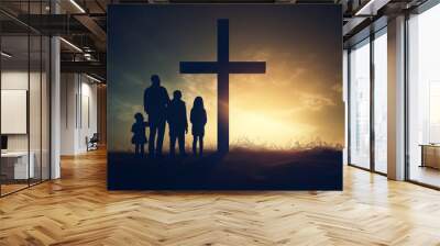 Silhouette, family and Christian cross for praying, religion and funeral social gathering Wall mural