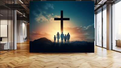 Silhouette, family and Christian cross for praying, religion and funeral social gathering Wall mural