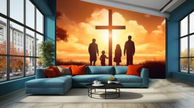 Silhouette, family and Christian cross for praying, religion and funeral social gathering Wall mural