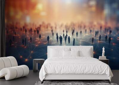 View of a crowd with a network of connections. Big data, smart city, wifi concept. Wall mural