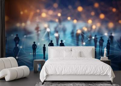 View of a crowd with a network of connections. Big data, smart city, wifi concept. Wall mural