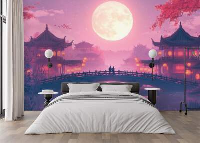 A couple standing on a bridge surrounded by ancient buildings decorated with lanterns at night. Chinese style, festival, valentine holiday poster Wall mural