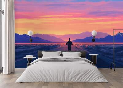 cartoon illustration, A man running on a wide open desert road with desert mountains in the background at dawn Wall mural