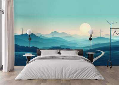 clear sky, mountain peaks, wind power generation devices, solar power device, curved road, flat illustration background Wall mural