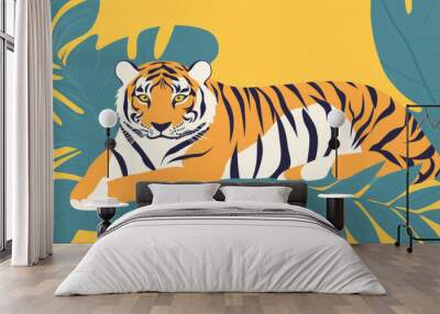 flat illustration of a yellow tiger wildlife on simple background Wall mural