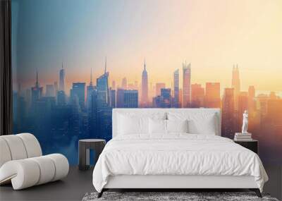 White gradient urban architectural silhouette, minimalist, blue background, banner design Wall mural