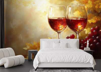 wine glasses, grapes, golden light, oil painting style Wall mural