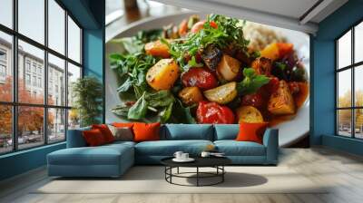 A beautifully plated vegan vegetable dish, featuring roasted vegetables, leafy greens, and a vibrant sauce, perfect for a gourmet meal Wall mural