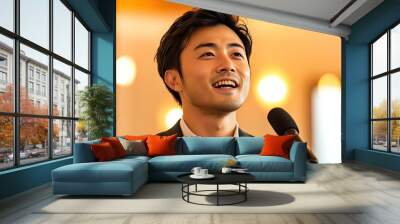 A charismatic Asian man with a charming smile, giving a speech. Wall mural