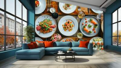 A delicious spread of gourmet food dishes on a beautifully set dining table Wall mural