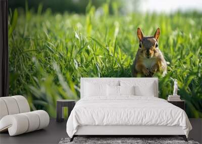 A field of green grass with a squirrel hiding in the tall grass. Wall mural