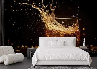 A golden bourbon artistic pour, with liquid splashing gracefully into the glass Wall mural