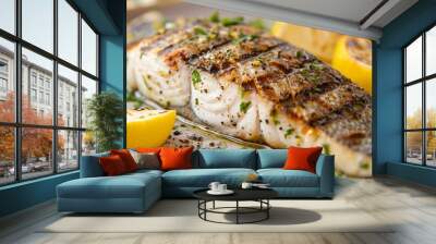 A grilled barramundi fillet served with lemon wedges and fresh herbs, a gourmet seafood dish bursting with flavor. Wall mural