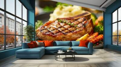 A juicy grilled pork chop served with mashed potatoes and steamed vegetables, highlighting the tender and savory qualities of pork. Wall mural