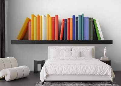 A minimalist shelving unit with colorful, strategically placed books on a white wall Wall mural