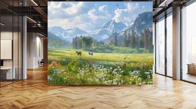 A peaceful mountain meadow adorned with wildflowers and grazing wildlife, capturing the essence of natural beauty and serenity. Wall mural