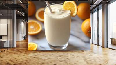 A refreshing citrus smoothie made with oranges and yogurt, blended to creamy perfection, and served with a paper straw Wall mural