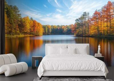 A serene fall nature scene, with colorful trees surrounding a calm lake Wall mural