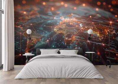 Abstract world map with network nodes and connecting lines, symbolizing global communication and connectivity. Wall mural