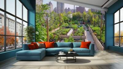 An urban garden on a rooftop with various plants and vegetables, promoting urban farming. Wall mural