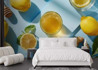 Antioxidant drink with ginger, lemon, and honey on a minimalist blue podium, balanced aesthetic, top view Wall mural