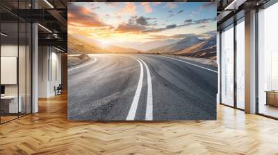 Asphalt highway road and mountain natural scenery at sunrise. panoramic view. Wall mural