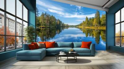 Calm blue water river reflecting surrounding trees and sky, creating a picturesque natural landscape Wall mural