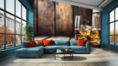 Classic whiskey glass with ice cubes on a vintage barrel, wooden background providing ample copy space for text or promotions. Wall mural