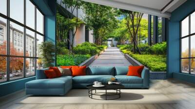 clean public outdoor space with neat walkways and trimmed trees, promoting cleanliness in urban environments Wall mural