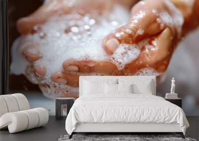 Clear focus on hands scrubbing with soap, promoting proper hand hygiene for health and cleanliness Wall mural