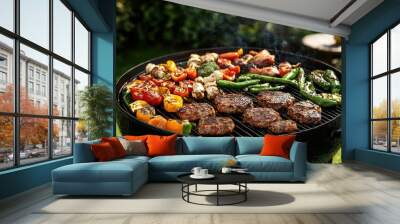 Close-up of a classic summer barbecue setup with grilled vegetables and meats on the grill, ready for a cookout Wall mural