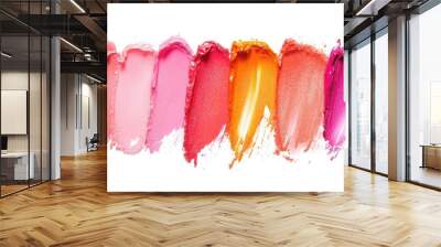 Close-up of a lip gloss palette with swatches in pink, rose, peach, coral, and orange, isolated on a clean white background for cosmetic selection Wall mural