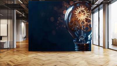 close up of light bulb with gear mechanism inside isolated on dark blue background Wall mural