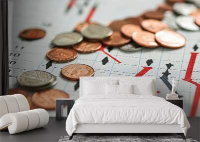 Declining investment portfolio: scattered coins on downward graph Wall mural