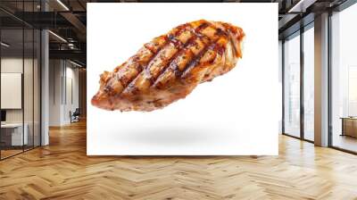 Detailed shot of deliciously grilled chicken breast meat, in mid-air, showcasing its savory appeal on a simple white background. Wall mural