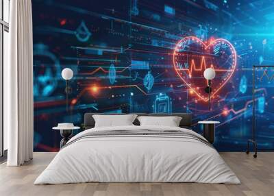 Digital heart wave with glowing tech icons, highlighting the role of technology in modern cardiology Wall mural