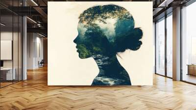 Double exposure with nature, a silhouette filled with the sky, trees, and flowing water Wall mural