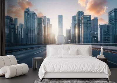 Downtown cityscape with road and tall buildings in the background Wall mural