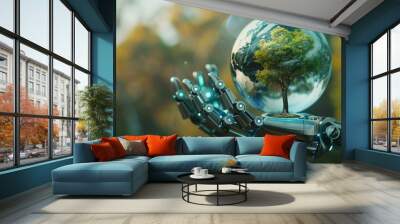 Earth crystal globe in robot hand with tree, ecological sustainability Wall mural