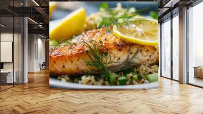 Elevated image of a gourmet fish steak, garnished with dill and lemon, and served with a side of quinoa salad. Wall mural