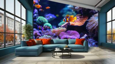 Exotic reef fish swimming through the complex structures of a vibrant coral ecosystem Wall mural