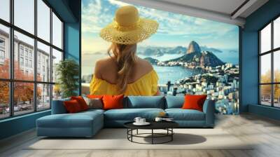 Fashion tourist woman on terrace in Rio de Janeiro with the famous Guanabara bay and the cityscape of Rio de Janerio, Wall mural