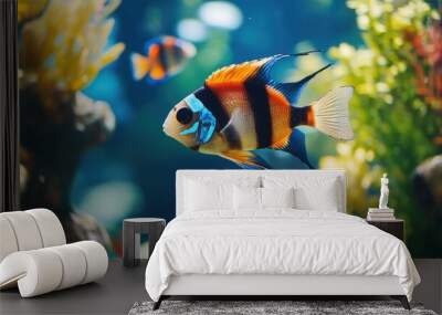 Fish swimming in a tropical aquarium with colorful decorations Wall mural