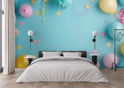 Flat lay decoration party concept on pastel blue background with border top view Wall mural