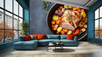 Flat lay of a bowl containing roast pork and vegetables on a dark grey kitchen table, offering a savory meal with plenty of space for copy or branding Wall mural