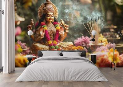 Goddess Lakshmi idol surrounded by colorful flowers and incense sticks Wall mural