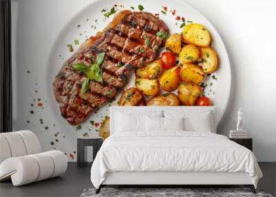 grilled beef steak and potatoes on plate isolated on white background, Wall mural