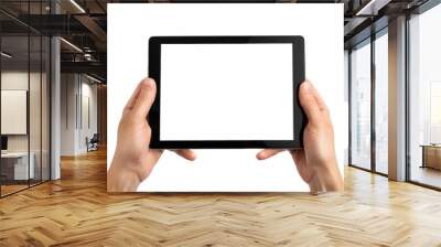 Hands with blank black tablet, isolated on white background Wall mural