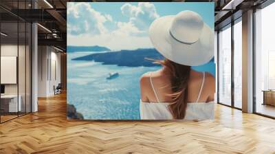 Happy woman in sun hat enjoying her holidays on Santorini island, Greece. View on Caldera and Aegean sea from Oia. Wall mural