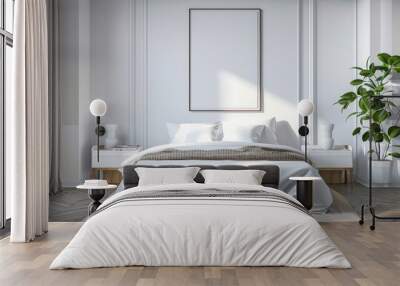 Interior of modern master bedroom with white walls, wooden floor, comfortable king size bed with two white bedside tables and horizontal mock up poster. Wall mural